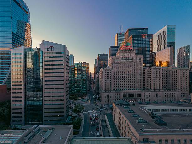 Toronto, Canada – July 07, 2023: Aerial view of downtown Toronto at sunset during summer