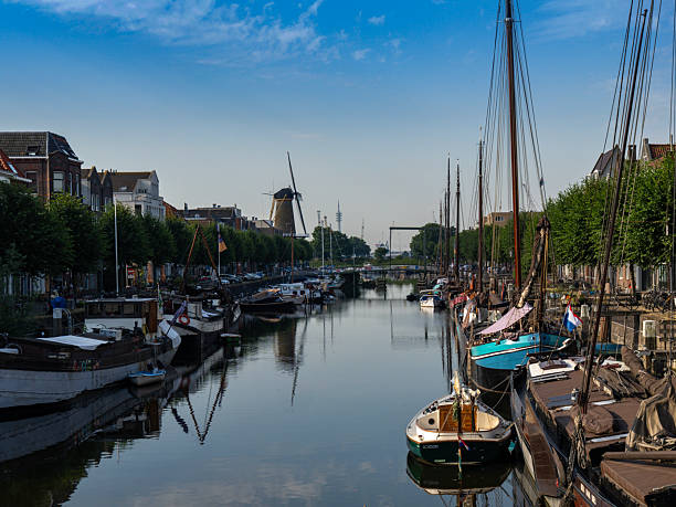 Historic Delfshaven Rotterdam.View from the Piet Heynsbridge to the Aelbrechtskolk of the historic Delfshaven.