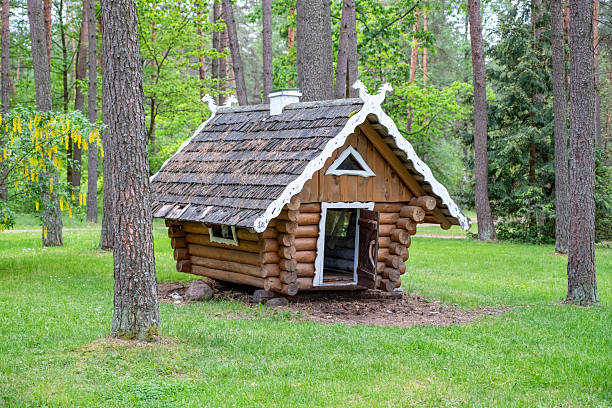 a carpenter built a log cabin with rough hewn beams. wood planing was not done before. authentic craftsmanship wooden log cabin. mortises for placing roof beams. gouging wood, ax, cut, authentic, gouging, hewn, kit, mortise,