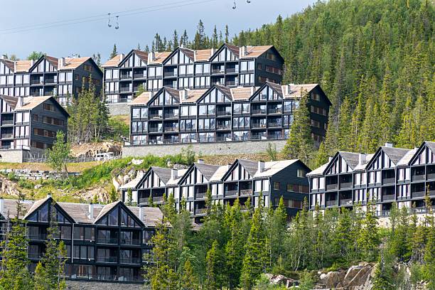 Gaustadblikk, Norway – June 21, 2025: Closer view of wooden mountain lodges situated on a forested slope in Gaustadblikk, Telemark, with multiple units designed in contemporary alpine arch