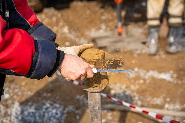 Man cutting and cleaning soil sample for laboratory analysis. Preparation of core material for geotechnical testing and scientific evaluatio. High quality photo