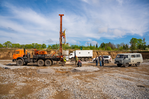 Soil Rig Inspection Soil Sampling Drilling Rig In Operation Extracting Subsurface Soil Core ...
