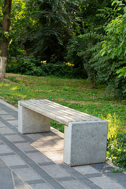 A concrete bench with a wooden seat on a paved park path, surrounded by lush greenery