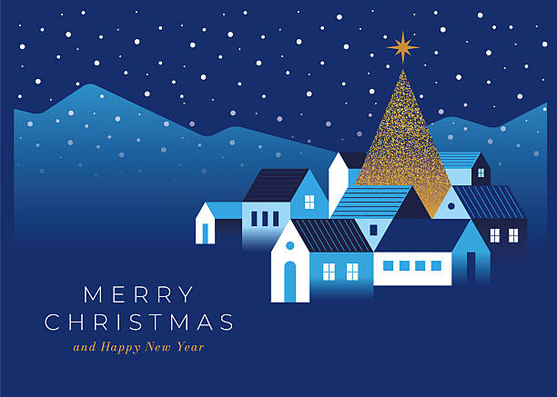 Winter village. Winter night city in retro style. Christmas background with houses and Christmas tree. Cozy town in a flat style with lettering merry Christmas. Stock illustration.