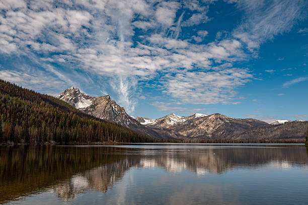Still water lake reflection of Sawtooth mountains and clouds