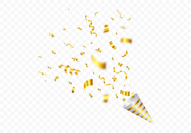 istock Party popper with gold confetti and serpentine explosion isolated on transparent background for celebration. Happy birthday concept 2223944529