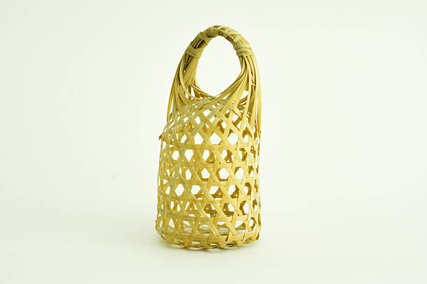 Wicker round bamboo basket on white background.