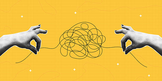 stockillustraties, clipart, cartoons en iconen met halftone collage of two hands that untangles tangled ball or messy line. concept of solving mental problems or simplification of a complex process in business. vector. - smeerboel