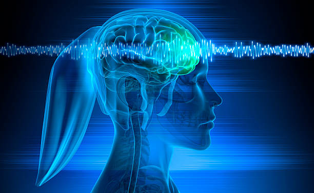 istock Woman with brain activity on blue background 2223962870