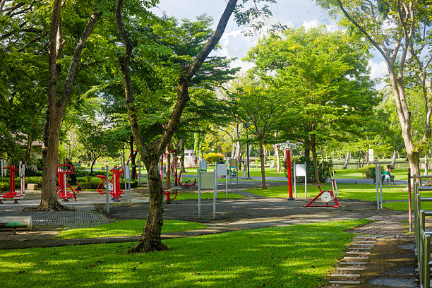 Public gym station area in Chatuchak Park in Bangkok Chatuchak. View between trees to gym stations and footpath beyond.  A mature thai man is at one gym station and is streching his calfs. In background some ne are on footpath. Two men are walking. One is wearing sports clothes. Elder man is sranding close to  bench. On bench are bags