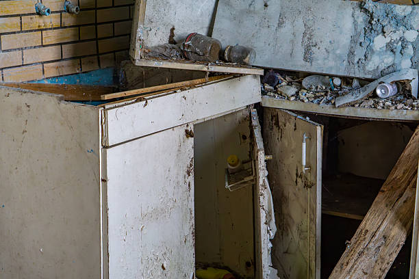 istock Destroyed kitchen in an abandoned house – dirty cabinets, scattered trash, and a devastated interior showing traces of former life. 2223967279