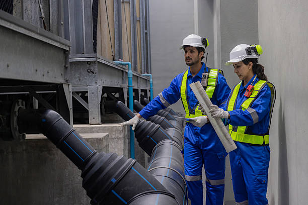 Engineers is checking the industry cooling tower air conditioner is water cooling tower air chiller HVAC  of a major building or industrial facility.