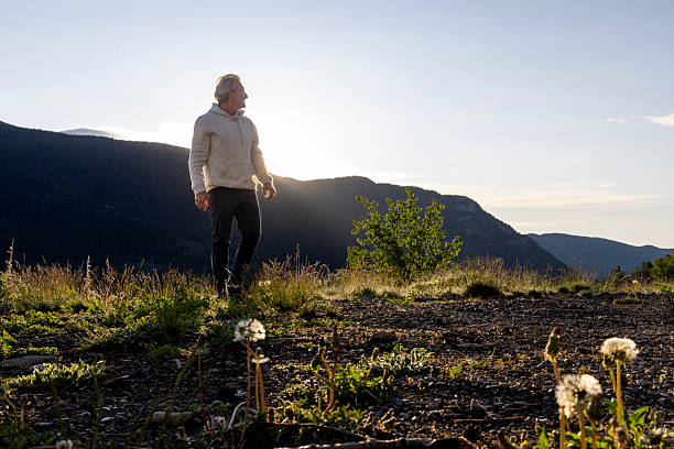 istock Mature man walking through mountain meadow at dawn 2223995268