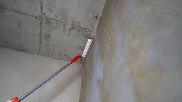 istock Waterproofing a bathroom floor by painting a blue sealant layer 2223998345