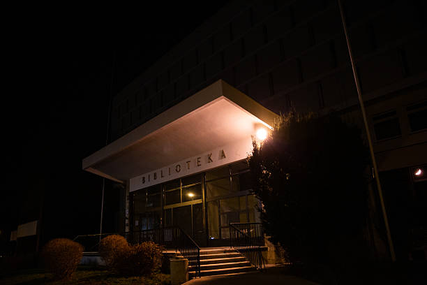 A dimly lit library entrance that evokes both intrigue and calmness during the serene hours of nighttime