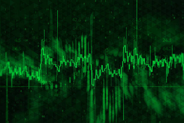 Dynamic financial background with green candlestick stock market chart, digital data, and binary code overlay. Concept for financial growth, positive stock market trends and investment success