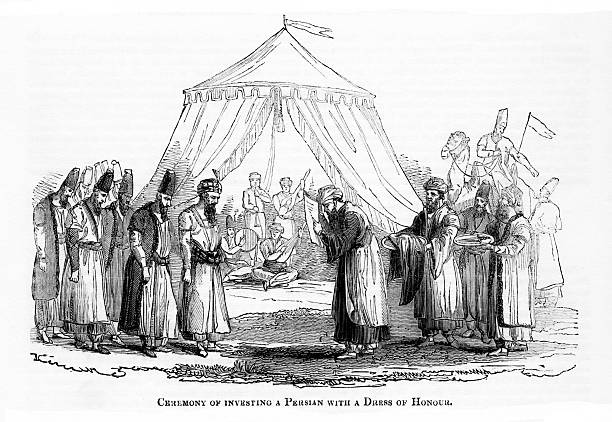 Tradition of giving a suit of clothes to honor a person, Persia (Iran), ancient Middle East. Engraving published 1837. Original edition is from my own archives. Copyright has expired and is in Public Domain.