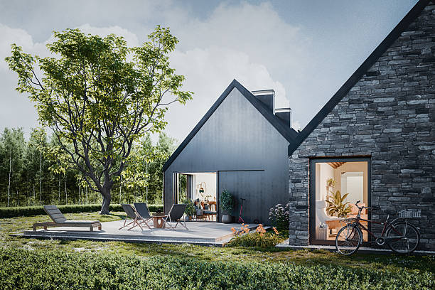 Modern house with garden. 3D generated image.