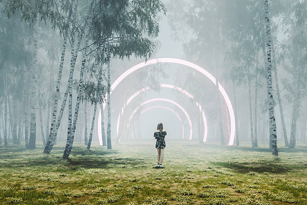 Woman standing in fantasy forest. 3D generated image.