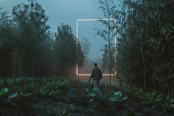 Man walking in mysterious jungle at night. 3D generated image.