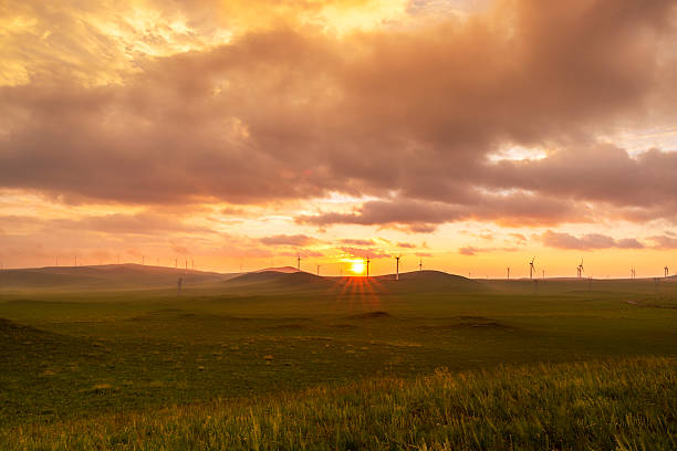 Wind turbines on the undulating grasslands under the sunset glow