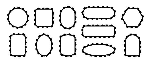 Scallop edge frame. Lace borders with pattern. Collection of black illustration templates for design.