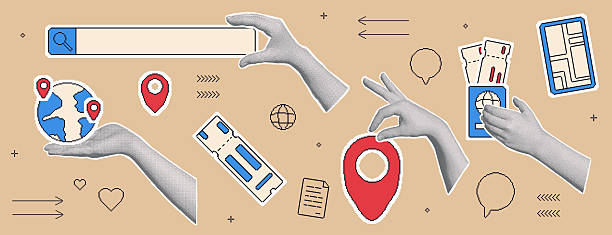 Travel collage with halftone hand with pixel art tourism elements. Human arms palm holding location map pin, globe, tickets. Vector journey collection illustration isolated.