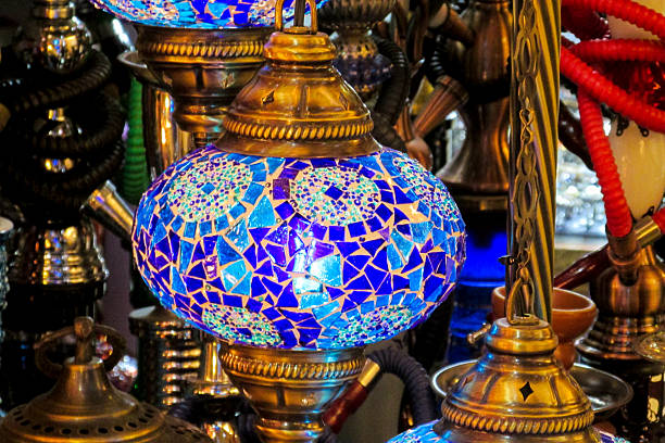 Bottom view of Beautiful turkish mosaic lamps on Istanbul bazaar.Turkey