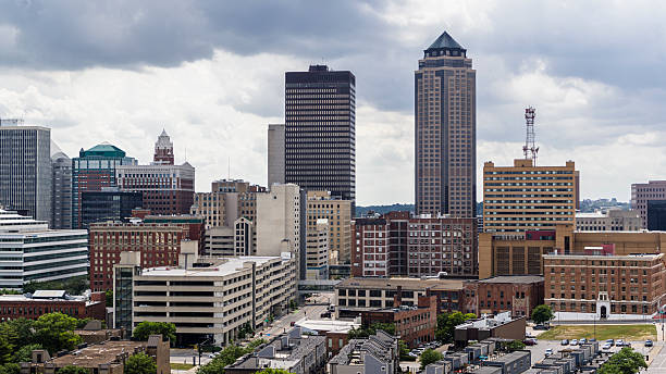 istock Des Moines Downtown skyline blends modern skyscrapers with historic landmarks under stormy sky in Iowa 2224023072
