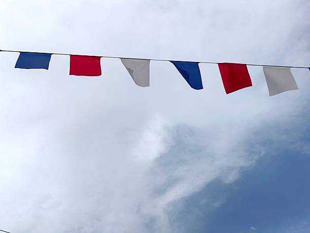 istock small decorative flags in red, white and blue hanging against cloudy sky during festive celebration. 2224023813