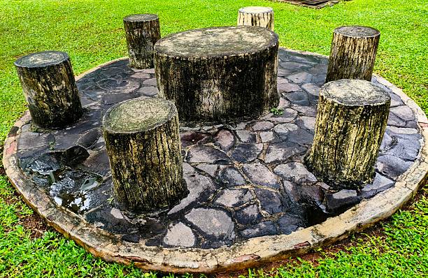 istock Outdoor Seating Area with Stump Table and Seats 2224025610