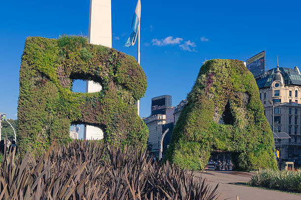 Buenos Aires, Argentina. Juny 29, 2025. Vertical garden, BA characters at Republic Square (Plaza de la Republica) and the Obelisk