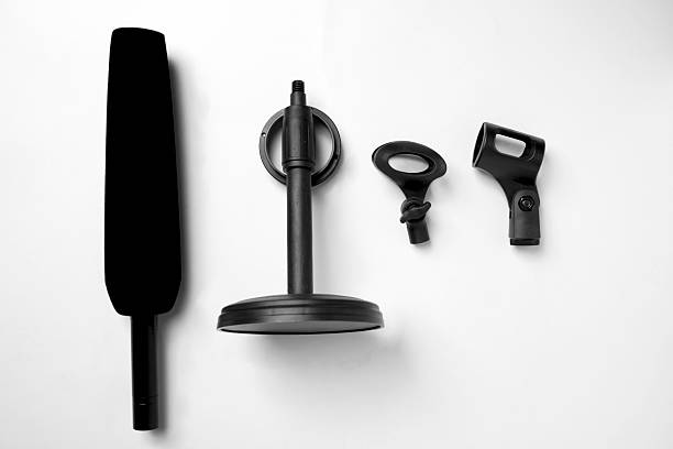 istock Studio microphone for podcasting or streaming with a set of mic stands on a white background. Top view 2224030862