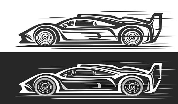 Vector logo for Hypercar Vector logo for Hypercar, monochrome automotive banner with simple contour illustration of racing supercar car in moving, artwork clipart of running hypercar from future on black and white background sports car outline drawing stock illustrations