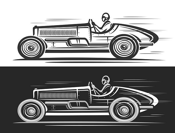 Vector logo for Retro Racing Car, monochrome automotive banner with hand drawn illustration of race concept car in moving, artwork clip art of running retro sport car on black and white background