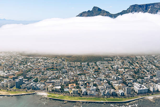 Cape Town cityscape, aerial view. City landscape, mountain with cloud