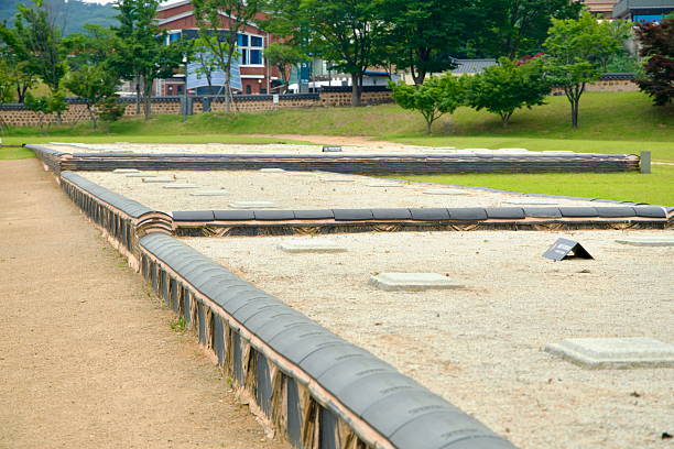 Buyeo County, South Korea - June 13th 2025: Low tiled borders outline the preserved stone foundations of former temple buildings at Jeongnimsa Temple Site, part of the Baekje Historic Areas.