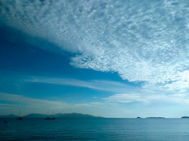 Peaceful view of Bophut Beach under a clear blue sky in Koh Samui, Thailand. The scene features gentle waves lapping against soft sandy shores, with calm turquoise waters stretching into the horizon