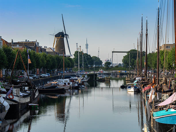 Historic Delfshaven Rotterdam.View from the Piet Heynsbridge to the Aelbrechtskolk of the historic Delfshaven.