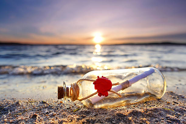 istock Message in the bottle washed ashore against the Sun setting down 2224043576
