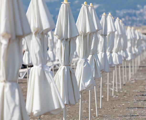 A row of white umbrellas are lined up on a beach. The umbrellas are all open and facing the same direction. The scene is peaceful and serene, with the beach providing a relaxing atmosphere