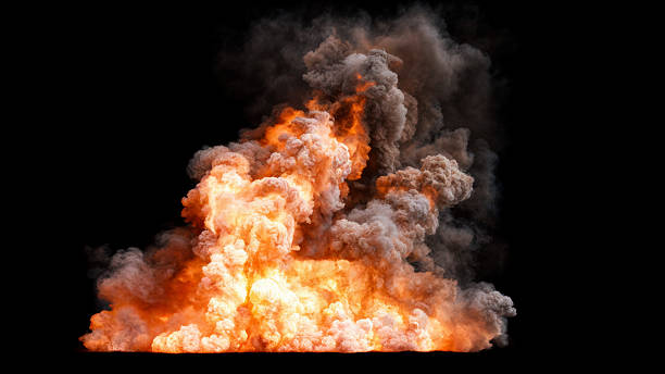 istock Isolated large intense explosion with flames and smoke billowing upward on black creating a dramatic visual effect 2224048480