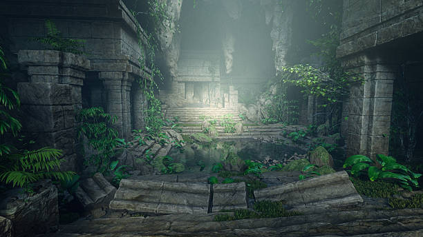 istock Fantasy underground temple ruins in a mountain cave with crumbling stone architecture overgrown with vegetation. 3D illustration. 2224048959