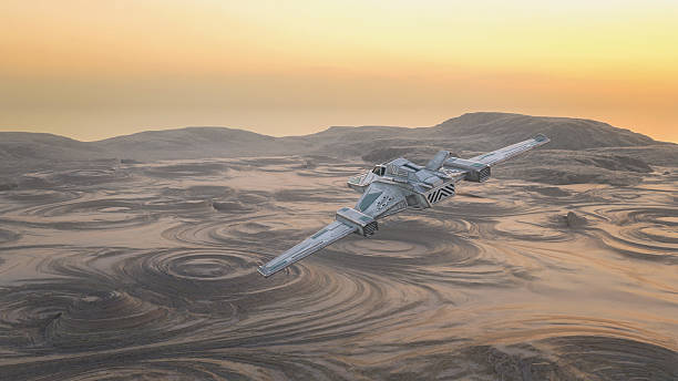 Space ship flying over a barren alien desert landscape. 3D rendered illustration.