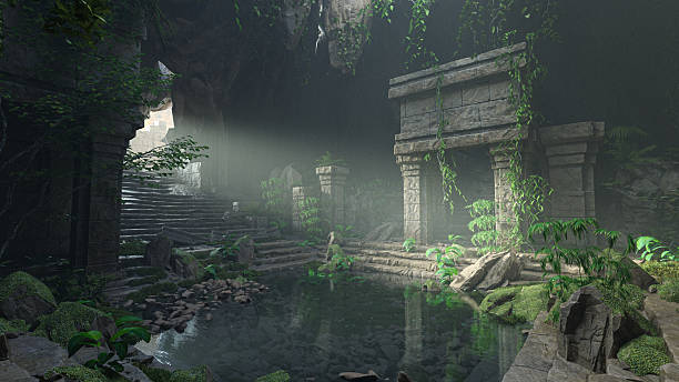 istock Old fantasy temple ruins in an overgrown underground cave lit by sunlight from above. 3D render. 2224048982