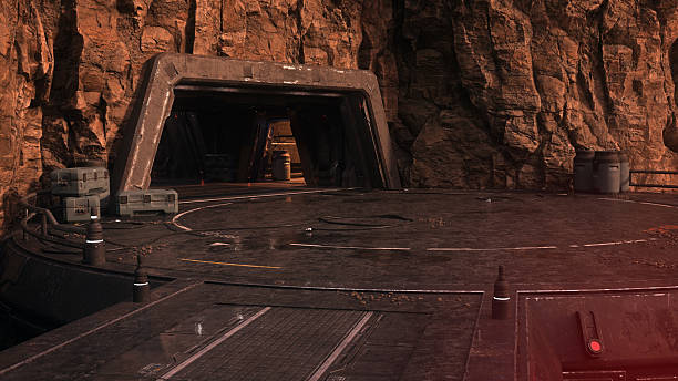 Futuristic fantasy sci-fi industrial base environment background. 3D rendered illustration.