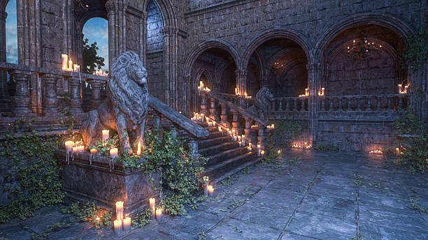 istock Old Gothic medieval castle courtyard with stone lion statues guarding a staircase, lit by candles. 3D rendering.. 2224049037