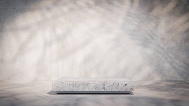 istock Empty marble podium on gray background with leaf shadows for product presentation 2224049944