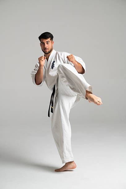 istock Kyokushinkai karate fighter kicking high in studio 2224054134