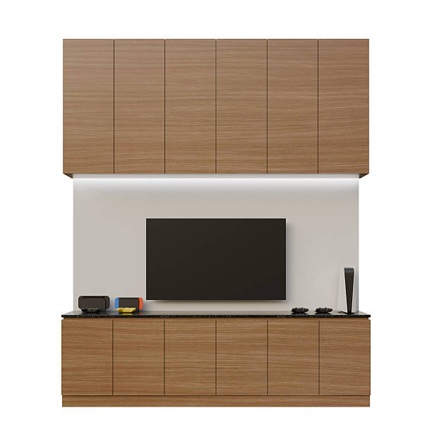 Dark Wood TV Table Set Front View 3D Render Illustration